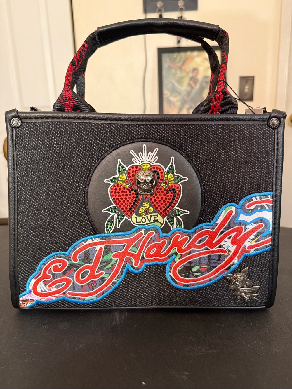 Y2K Ed Hardy Tote Black Denim W/Skull Heart Graphic Crossbody Handbag NWT Rare